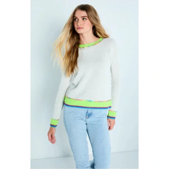 Lisa Todd Cream/Tan & Neon Rainbow Colorblock Border Order Knit Cotton Sweater M - Picture 1 of 8